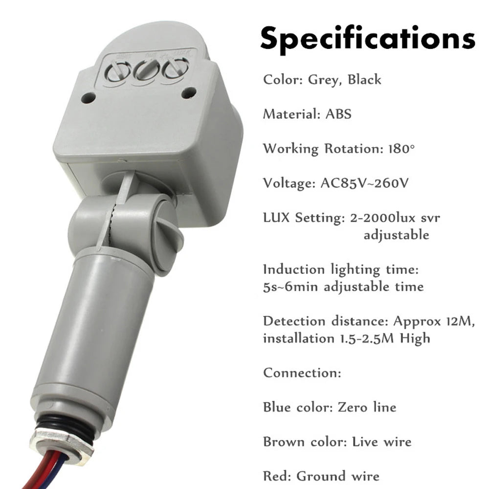 Motion Sensor Light Switch 220V12V 180 Rotating Infrared Detector specifications image with color, material, and settings details.