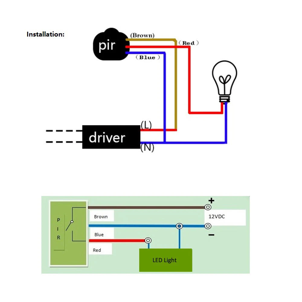 Wiring diagram for motion sensor light switch installation with PIR and LED light connections.