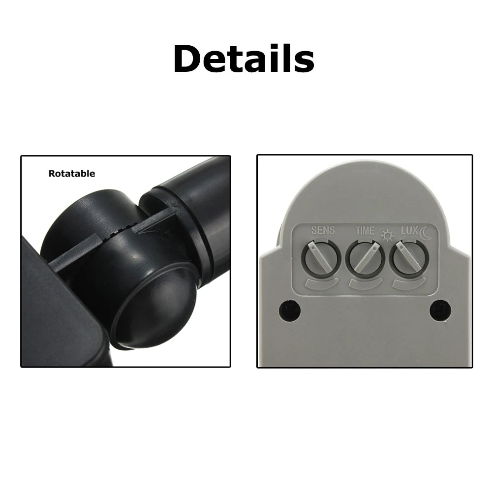 MJJC PIR Motion Sensor Light Switch features rotatable design and adjustable settings for sensitivity, time, and lux.