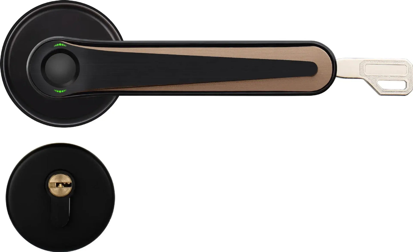Smart Handle Door Lock featuring fingerprint sensor for easy unlocking and sleek design in black and bronze.