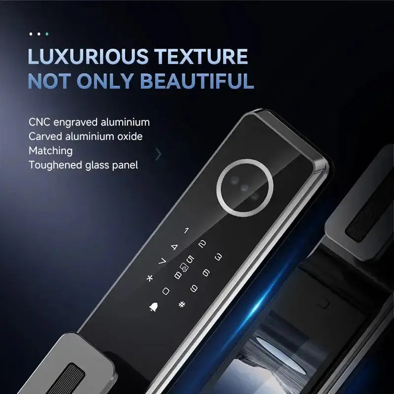 Close-up of the T30 Smart Door Lock showcasing CNC engraved aluminum and toughened glass panel.