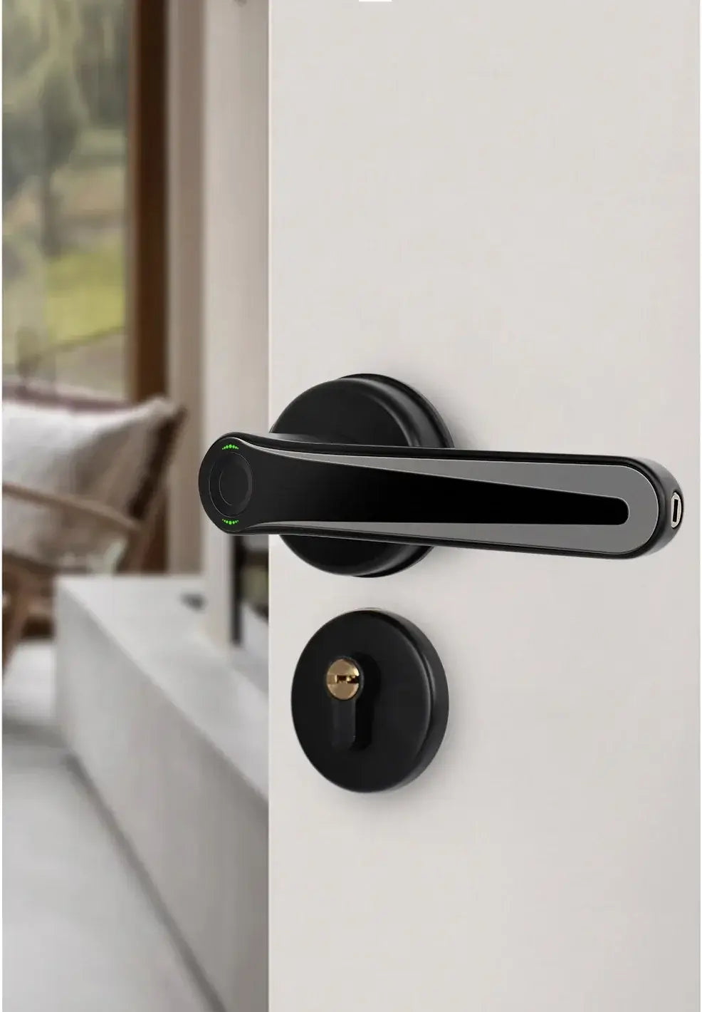 Smart Handle Door Lock in black, designed for seamless fingerprint unlocking and modern home security.