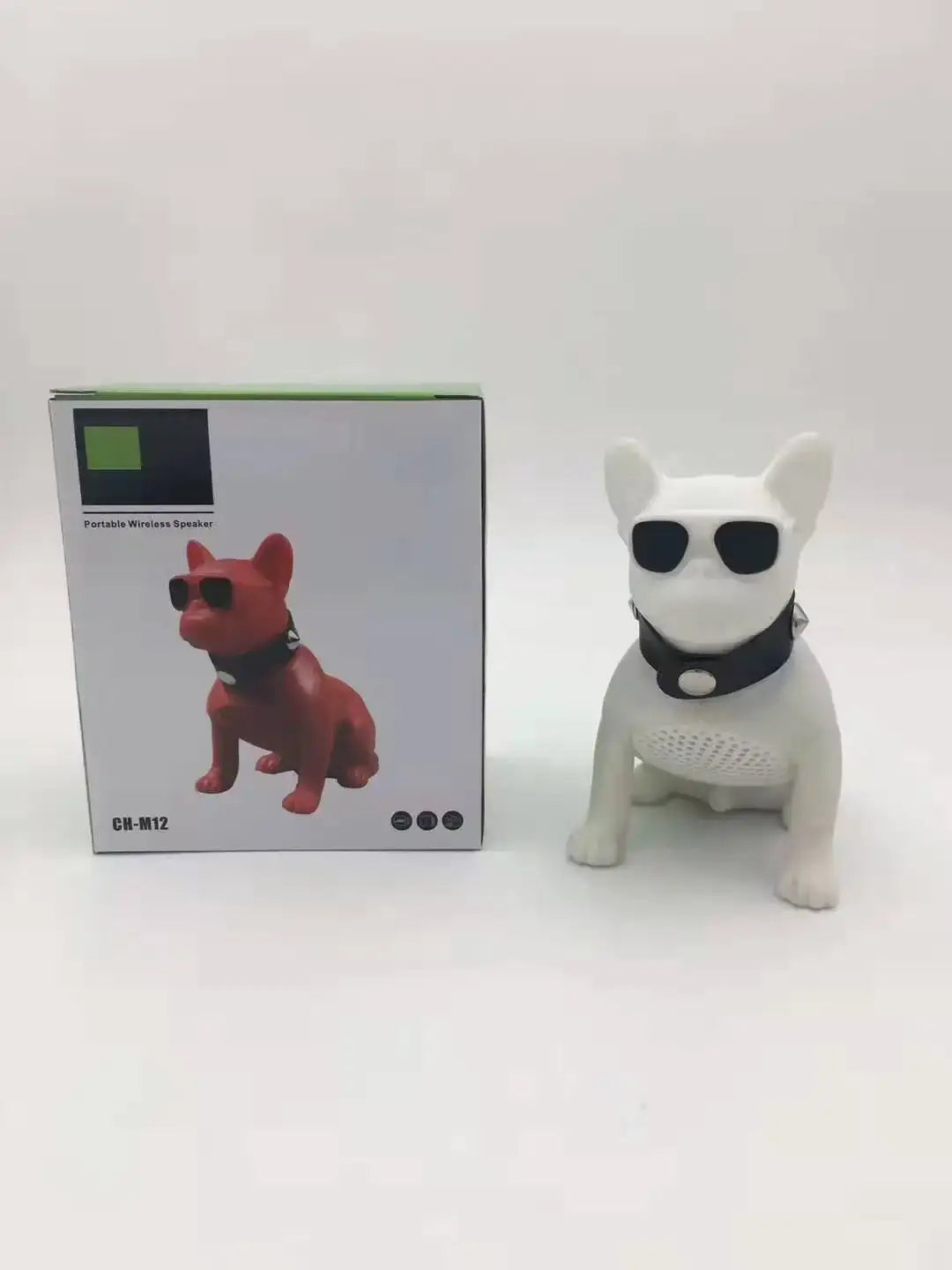 Bulldog Super Bass Wireless Speaker in red and white with sunglasses, showcasing compact design and Bluetooth connectivity.