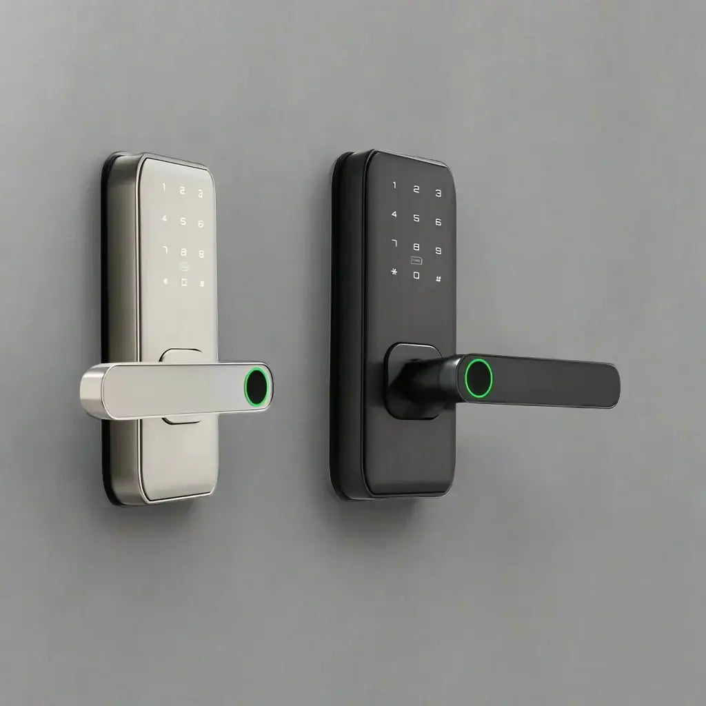 Two M1 Multi-Access Smart Door Locks in silver and black with keypad and handle design, showcasing advanced security features.