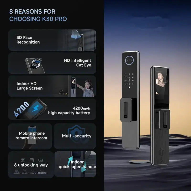 Smart 3D Face Recognition Video Door Lock features with HD screen, multi-security, and quick-open handle.