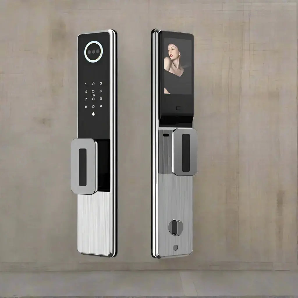 Smart 3D face recognition video door lock featuring biometric scanning and WiFi connectivity, designed for keyless entry.