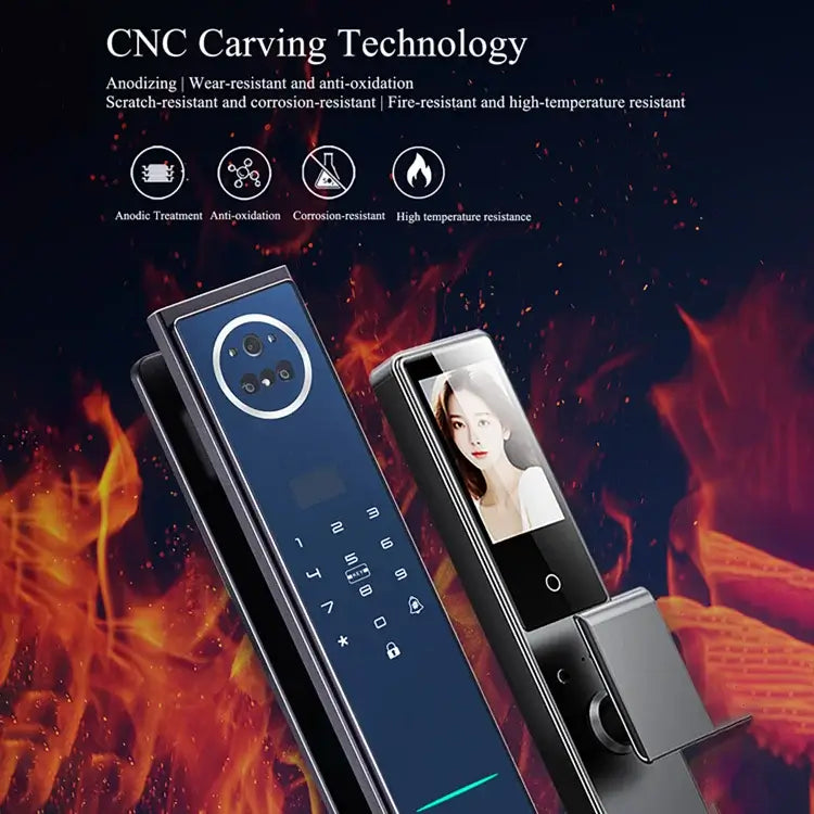 CNC carving technology smart lock showcasing features like scratch, corrosion, and fire resistance.