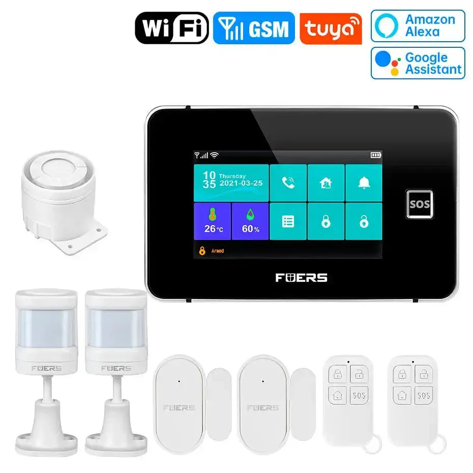 4.3 Inch TFT screen WiFi GSM smart home security system with sensors and remote control, compatible with Tuya and Google Assistant.