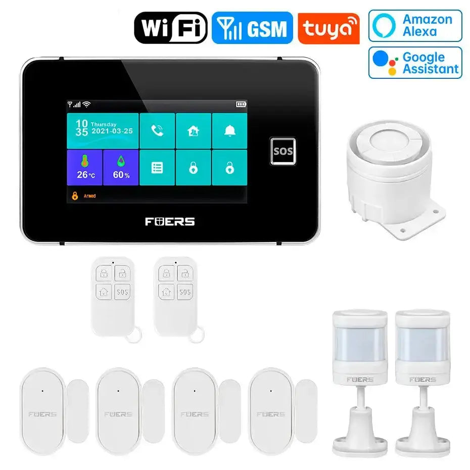 4.3-inch TFT screen WiFi GSM smart home alarm system with sensors and remote controls, compatible with Tuya and Google Assistant.
