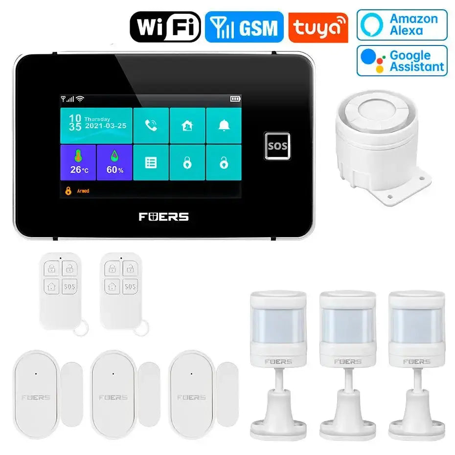 4.3 inch TFT screen WiFi GSM smart home security system with sensor and control panels showcasing advanced features.
