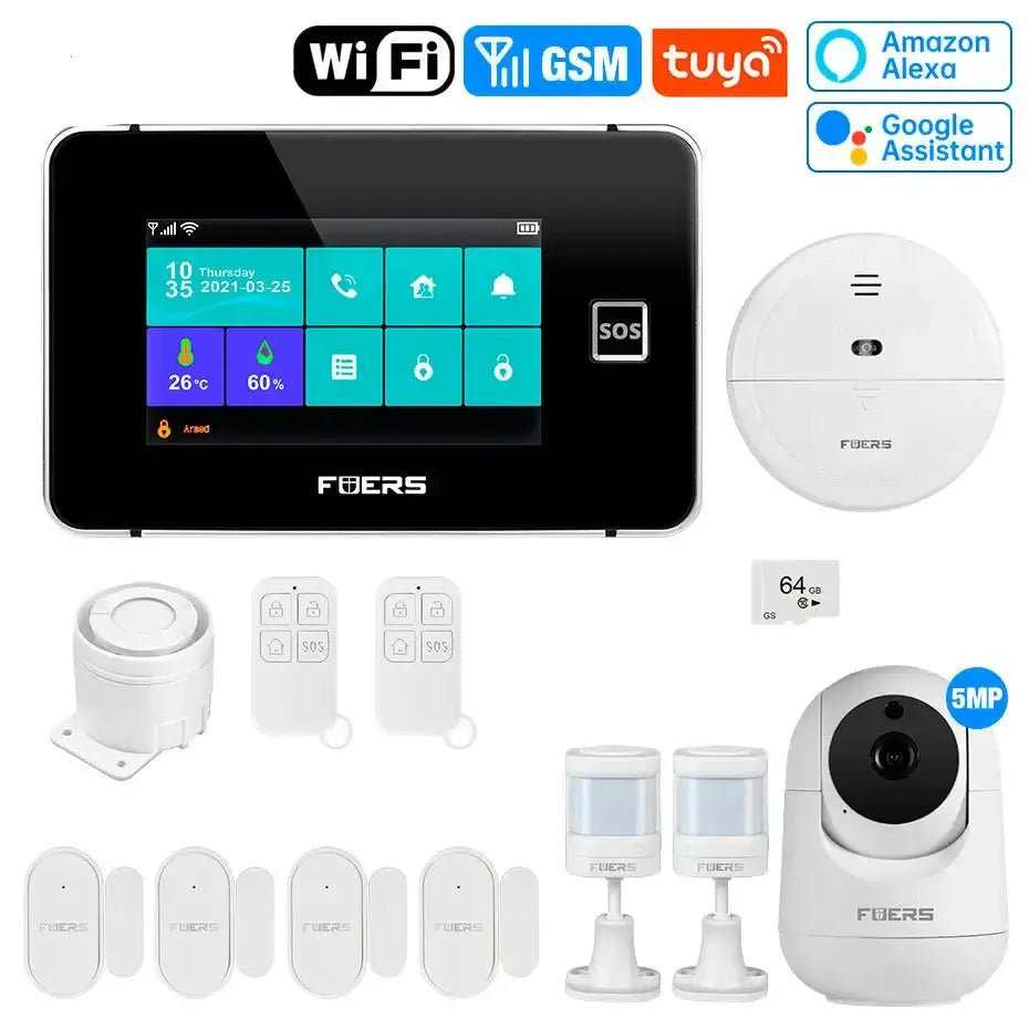 4.3-inch TFT touchscreen smart home security alarm system with WiFi, GSM, and Tuya compatibility.