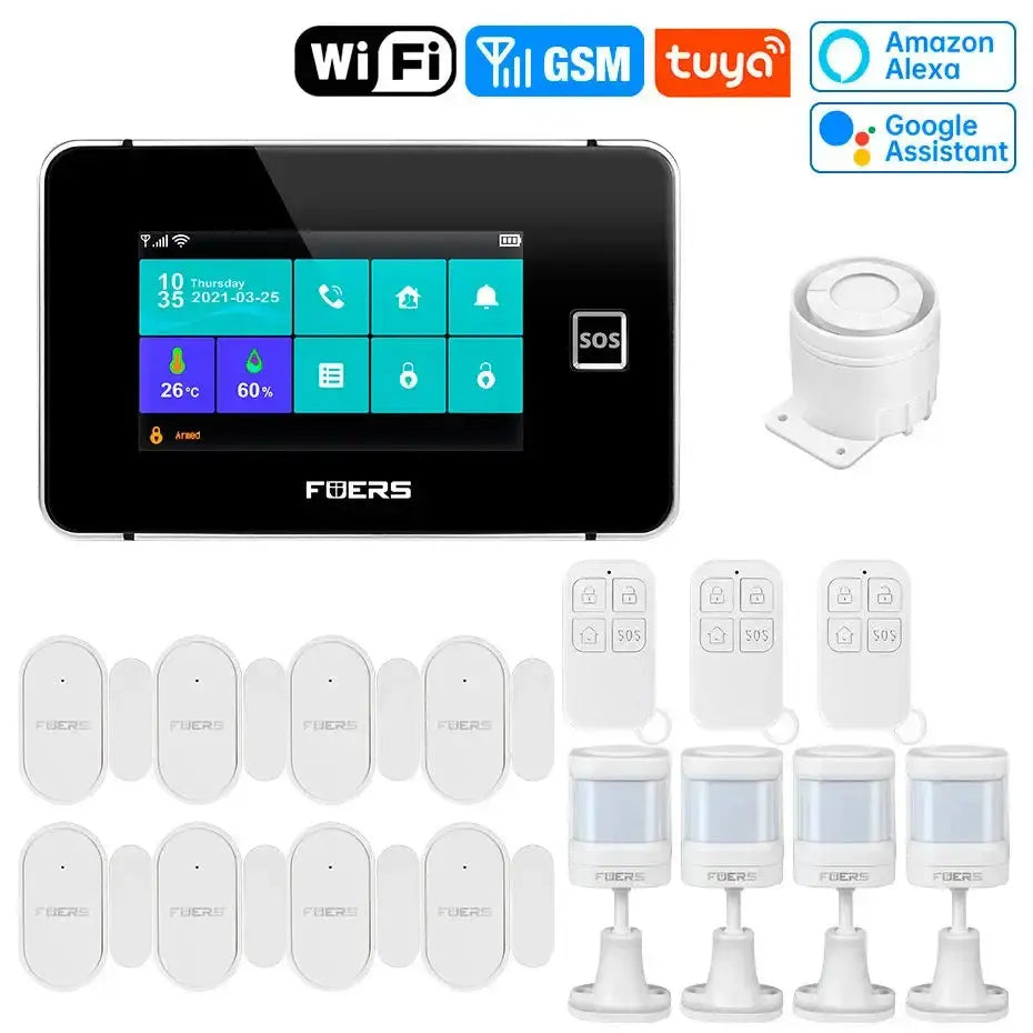 4.3 inch TFT screen smart home security alarm system with WiFi, GSM, Tuya compatibility, and multiple sensors.