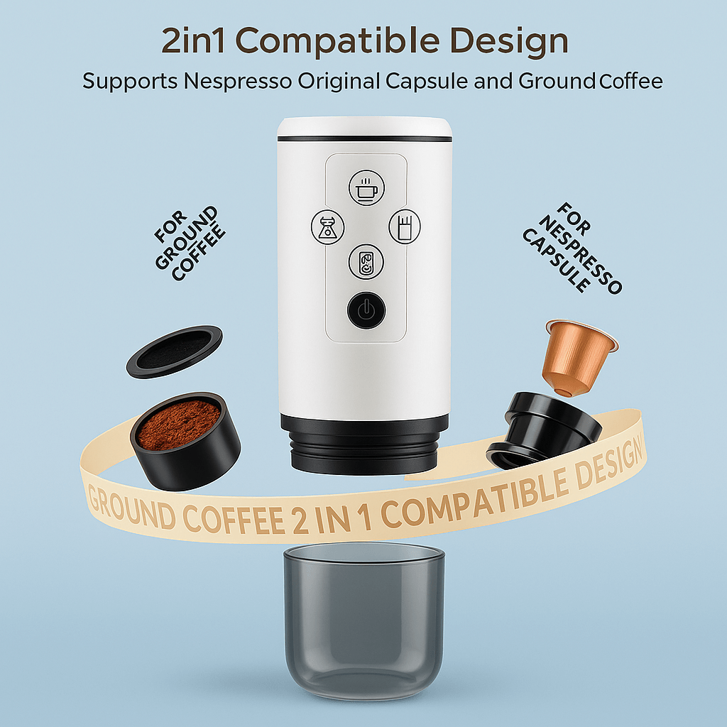 BaristaPod portable coffee maker displaying 2-in-1 design for Nespresso capsules and ground coffee options.