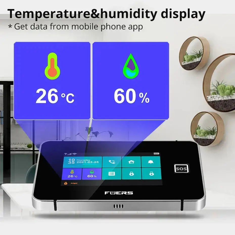 Temperature and humidity display on smart home device, showing 26°C and 60% humidity with app connectivity.