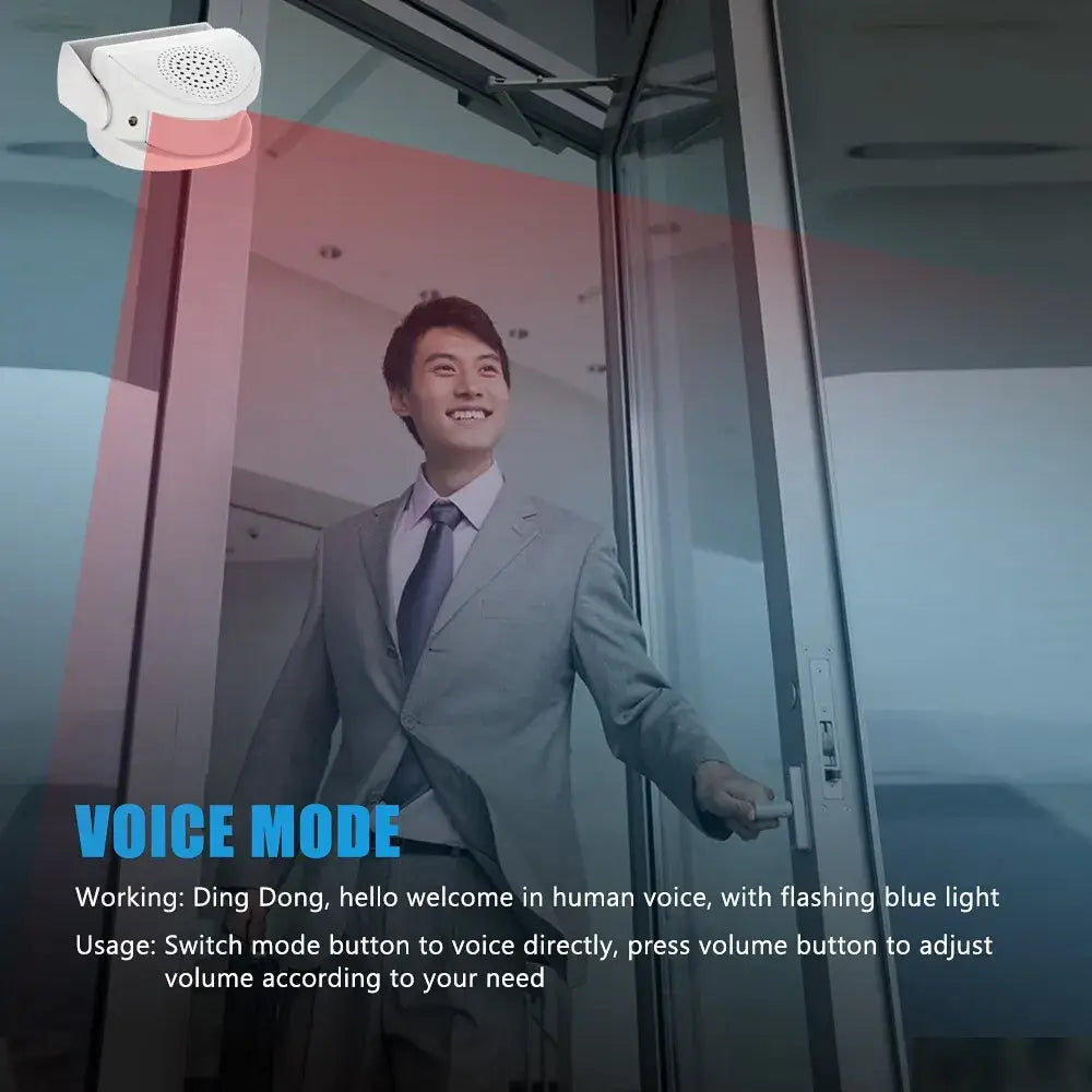 Wireless PIR motion sensor chime in voice mode welcoming a visitor, showing features and usage tips.