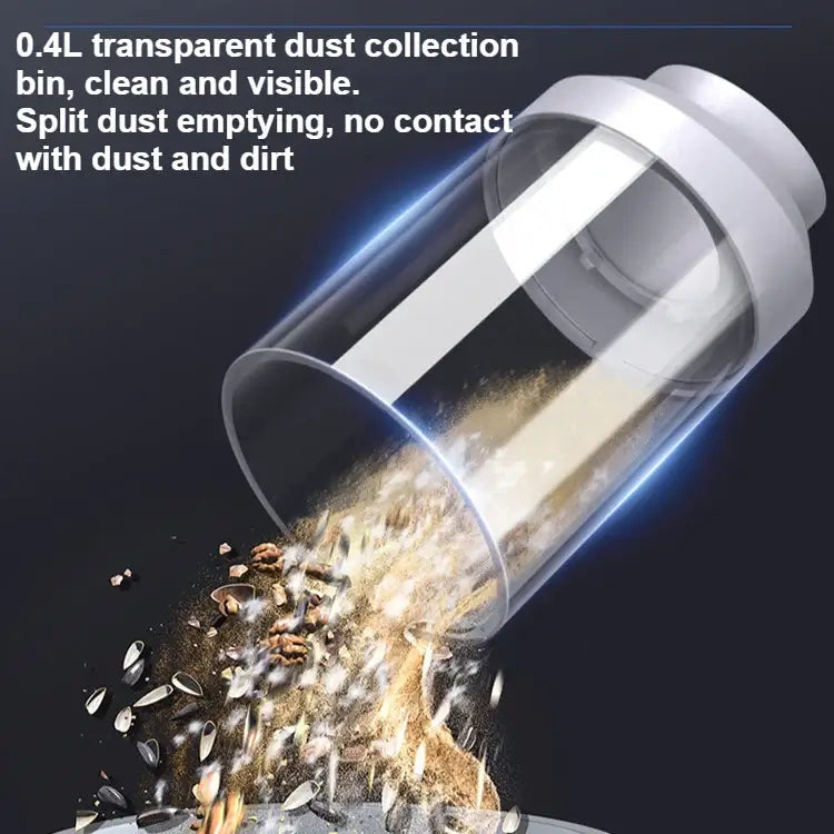 AeroVac One's 0.4L transparent dust collection bin, showcasing easy dust disposal without contact.