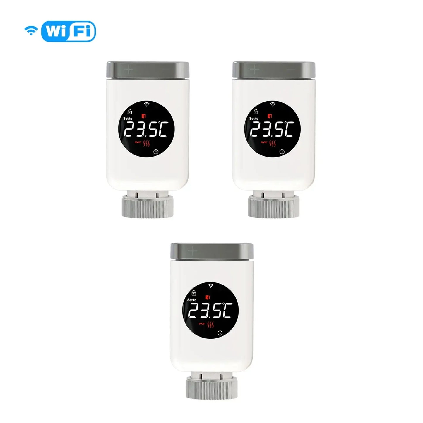 HeatFlow Smart Radiator Valves showcasing programmable temperature control and WiFi connectivity for modern home heating.