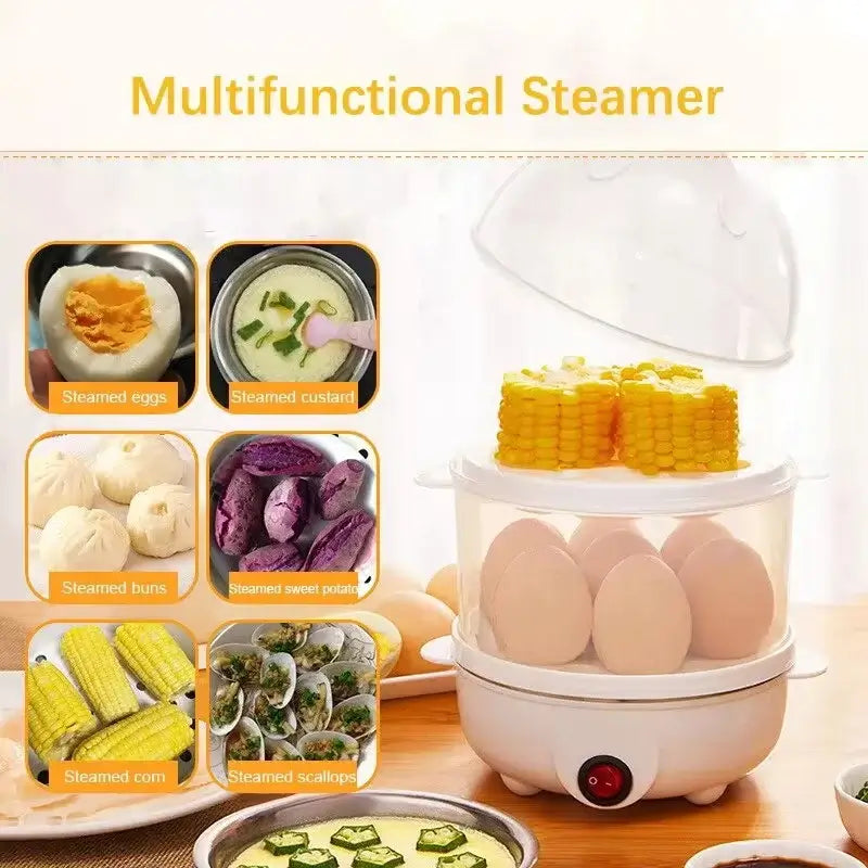 SteamMate Pro multifunctional steamer with steamed eggs, buns, corn, sweet potatoes, and custard for nutritious breakfast.