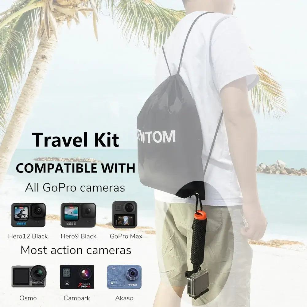 Travel kit featuring an orange floating hand grip compatible with all GoPro cameras and most action cameras.
