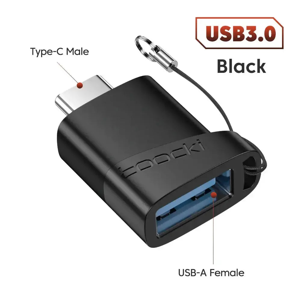 Toocki OTG Adapter, Type C to USB adapter in black, featuring USB 3.0 for fast data transfer.