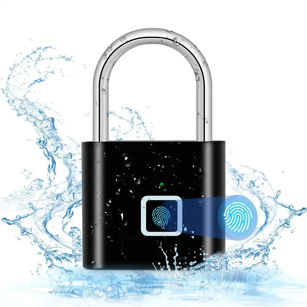 Fingerprint smart padlock with waterproof design, showcasing fast keyless access features and security.