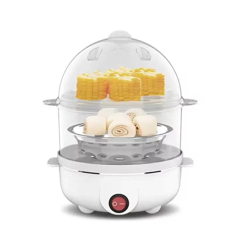 SteamMate Pro multifunctional egg boiler and steamer with eggs, corn, and buns cooking.