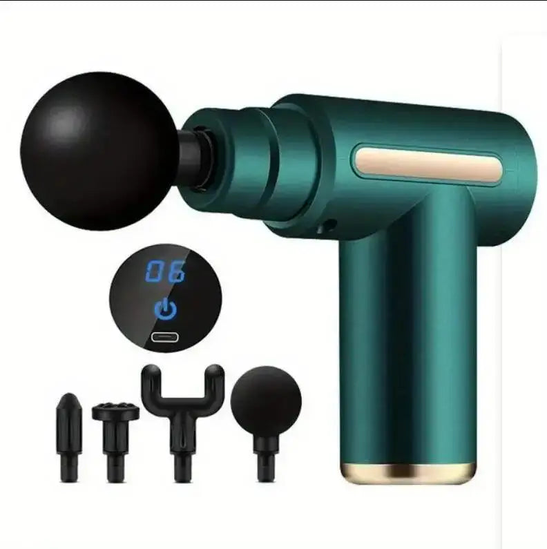 AthletePro Mini Therapy Gun in teal color with attachments, designed for deep tissue relief and portable post-workout recovery.