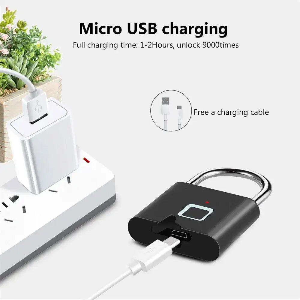 Micro USB charging for fingerprint smart padlock with 1-2 hours full charge time and included charging cable.