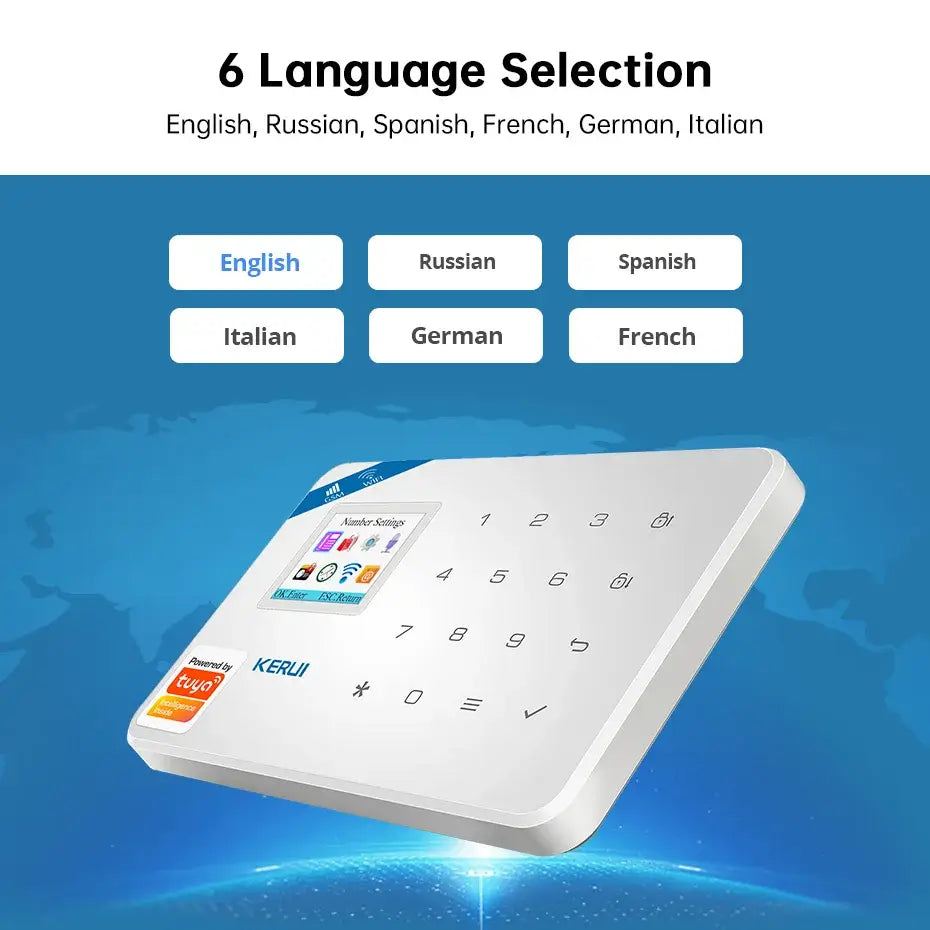 6 language selection menu for Kerui alarm system: English, Russian, Spanish, French, German, Italian.