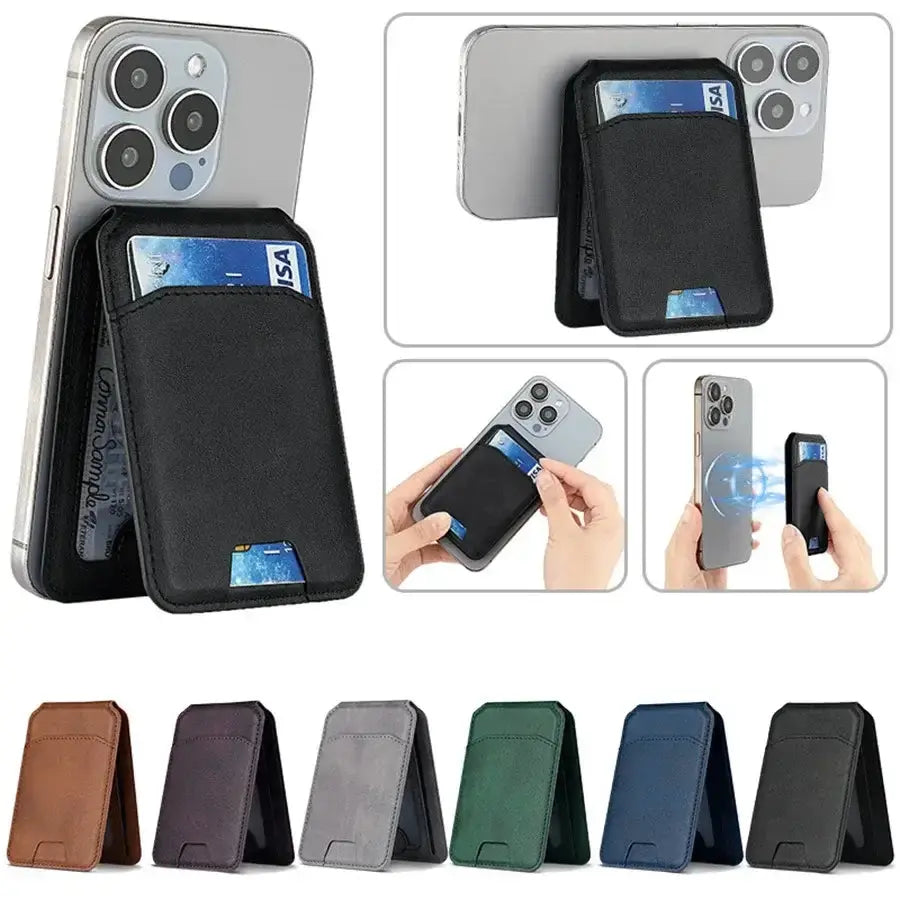 SlimMag Magnetic Card Wallet in black attached to smartphone, showcasing card storage & versatile standing features.