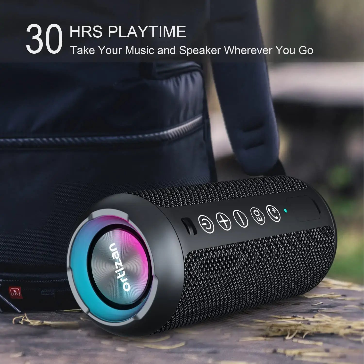 Ortizan X10 Portable Bluetooth Speaker with 30H playtime, RGB lights, and rich sound for outdoor adventures.