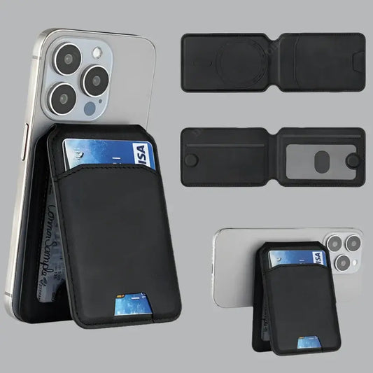 SlimMag Magnetic Card Wallet in black, attached to a smartphone, showcasing card storage and stand features.