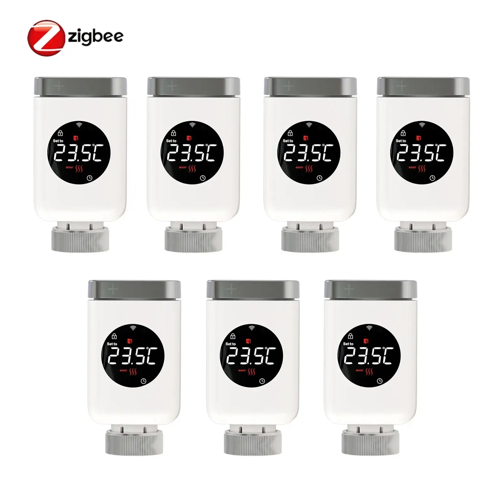 Set of 7 HeatFlow Smart Radiator Valves showing digital temperature display and sleek design for smart home heating control.