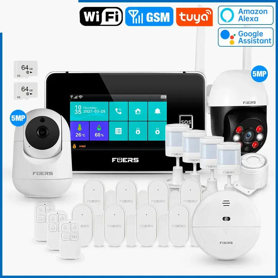 4.3 inch TFT screen GSM WiFi smart home security system with camera, sensors, and Tuya compatibility.