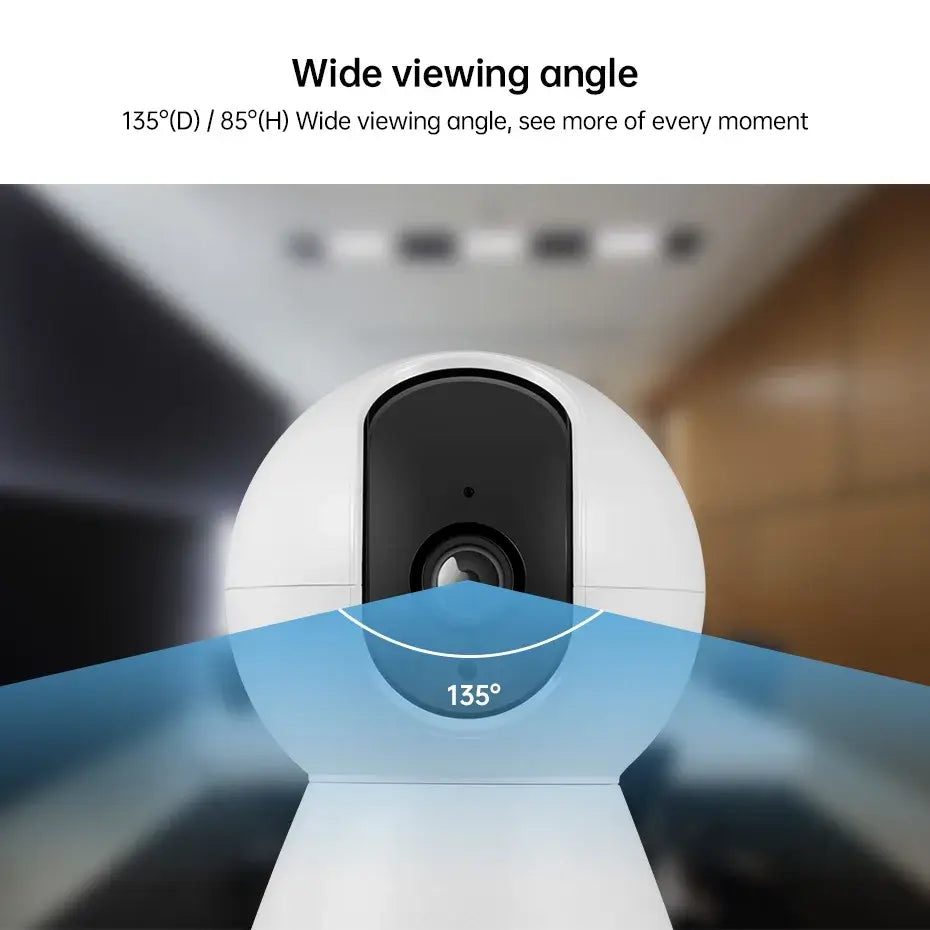 5MP Tuya Smart Mini WiFi IP Camera showcasing wide viewing angle of 135° for enhanced indoor surveillance.