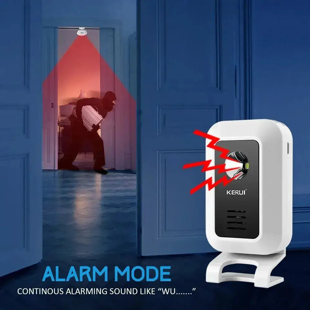 Wireless motion sensor alert with red LED light indicating alarm mode for enhanced home security.