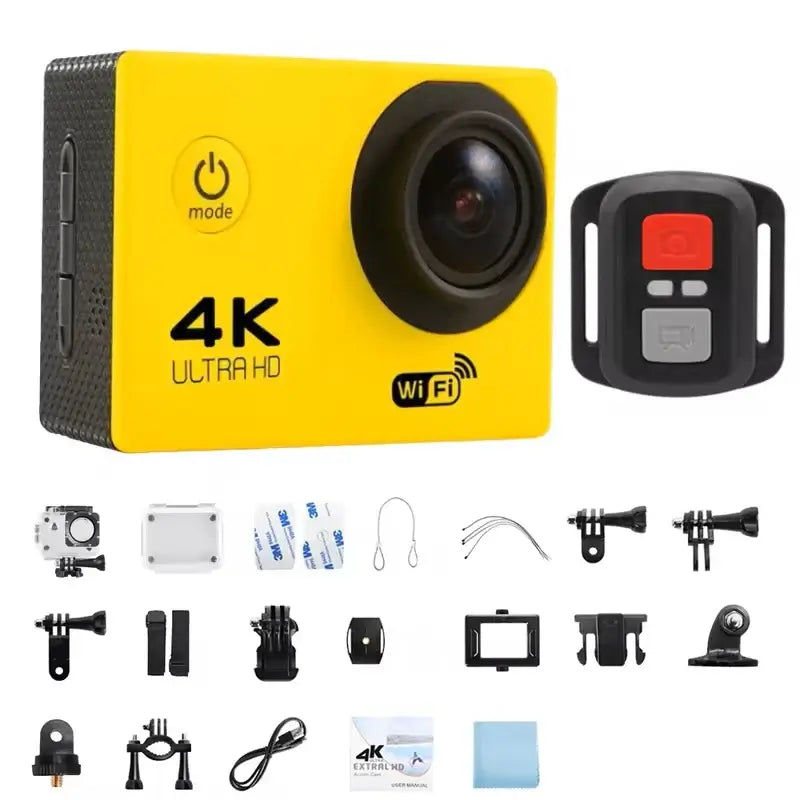 HD waterproof sports action camera in yellow with remote and accessories for adventures and underwater filming.