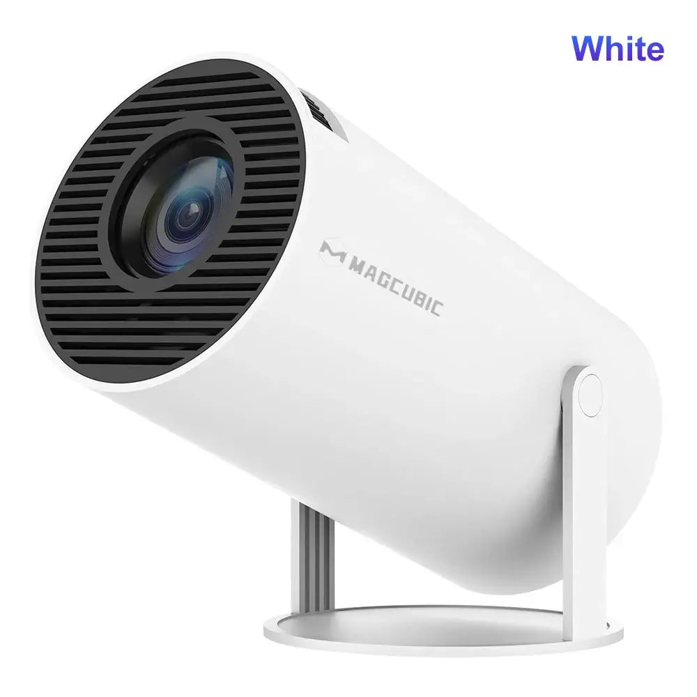 Compact Magcubic 4K projector in white, showcasing its design and lens for portable cinema-grade entertainment.