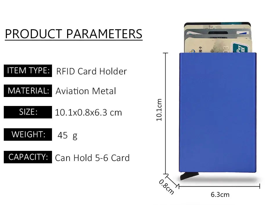 Blue RFID card holder made of aviation metal, dimensions 10.1x0.8x6.3 cm, holds 5-6 cards, lightweight and secure.