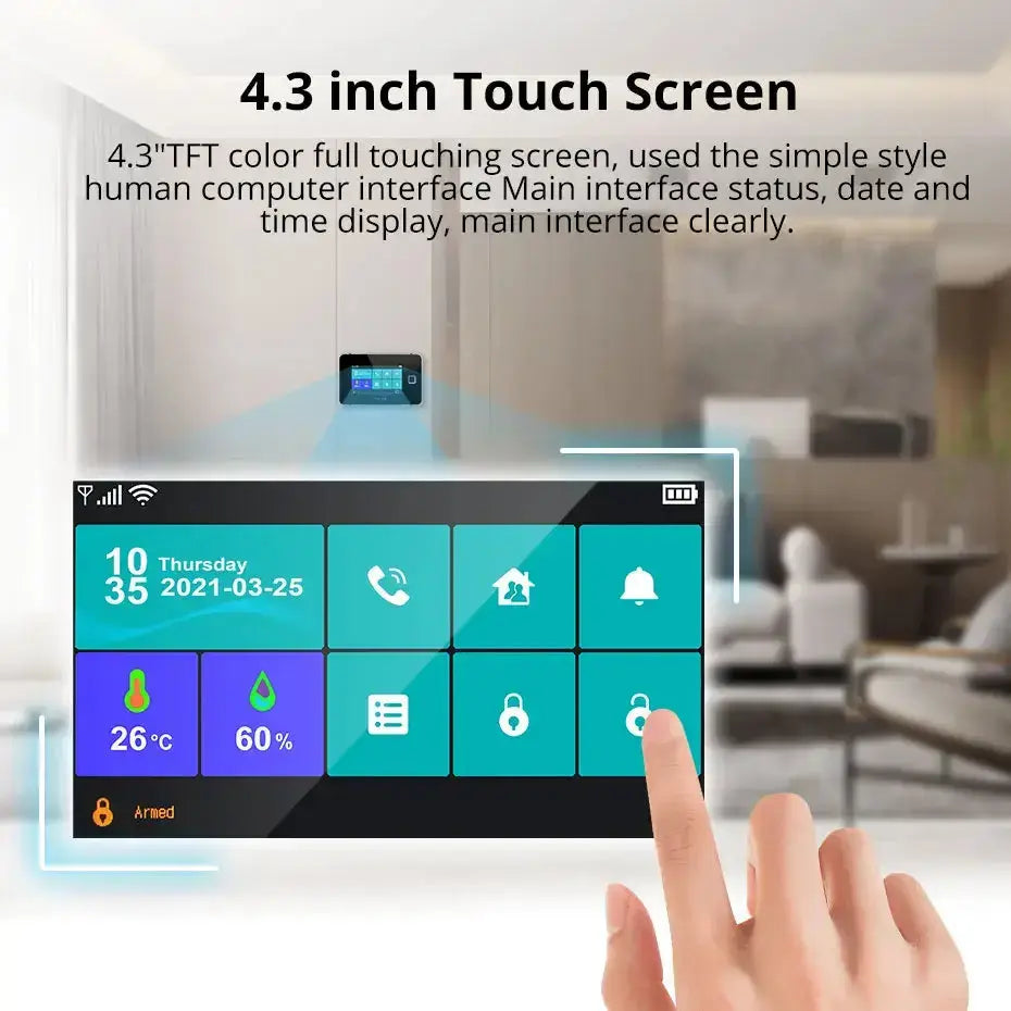 4.3-inch TFT touchscreen display of WiFi GSM smart home security system showing time, date, and control interface.