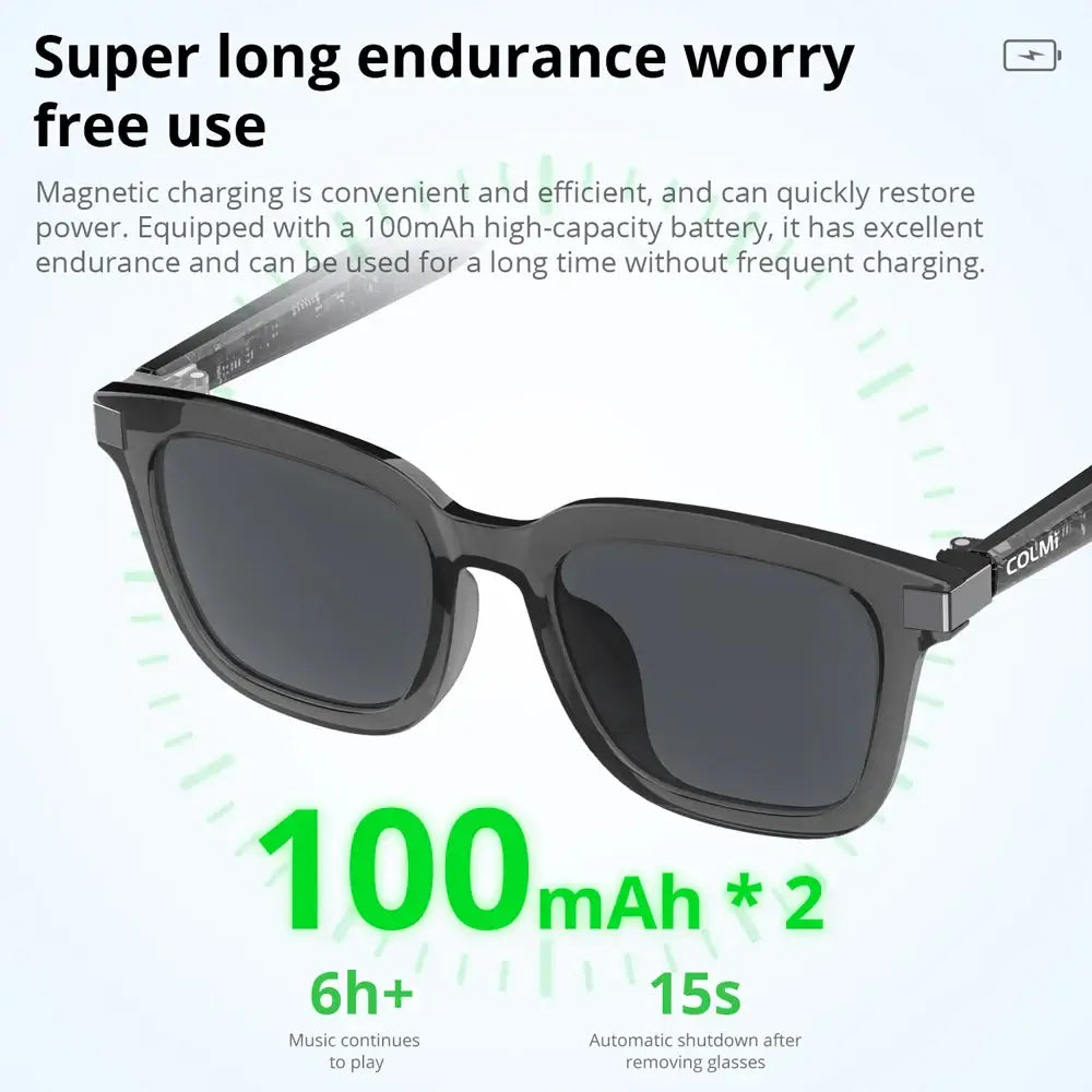 G06 Smart Bluetooth Audio Sunglasses with 100mAh battery offering 6+ hours playtime and quick magnetic charging.