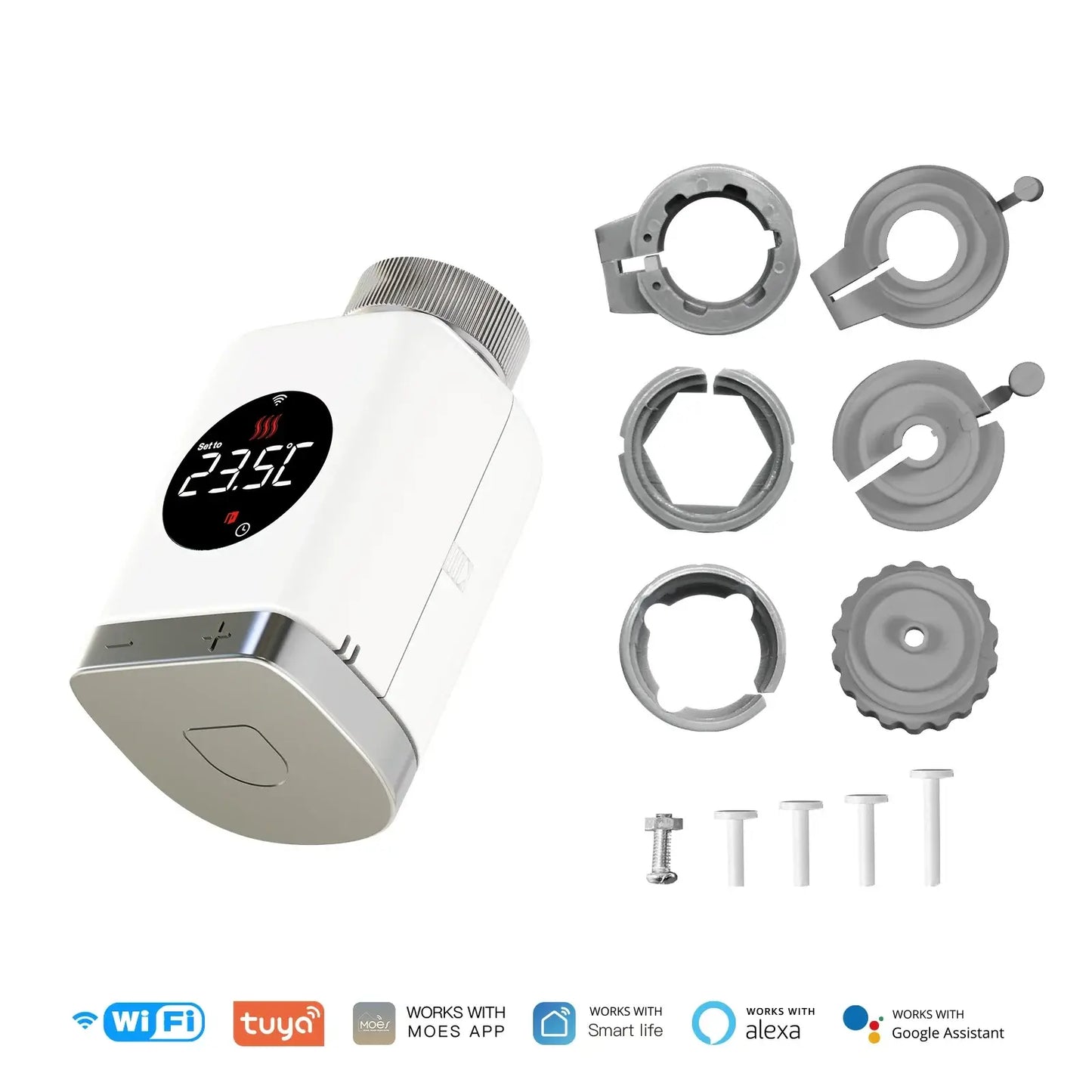 HeatFlow Smart Radiator Valve with installation accessories, app-controlled heating, and voice assistant compatibility.