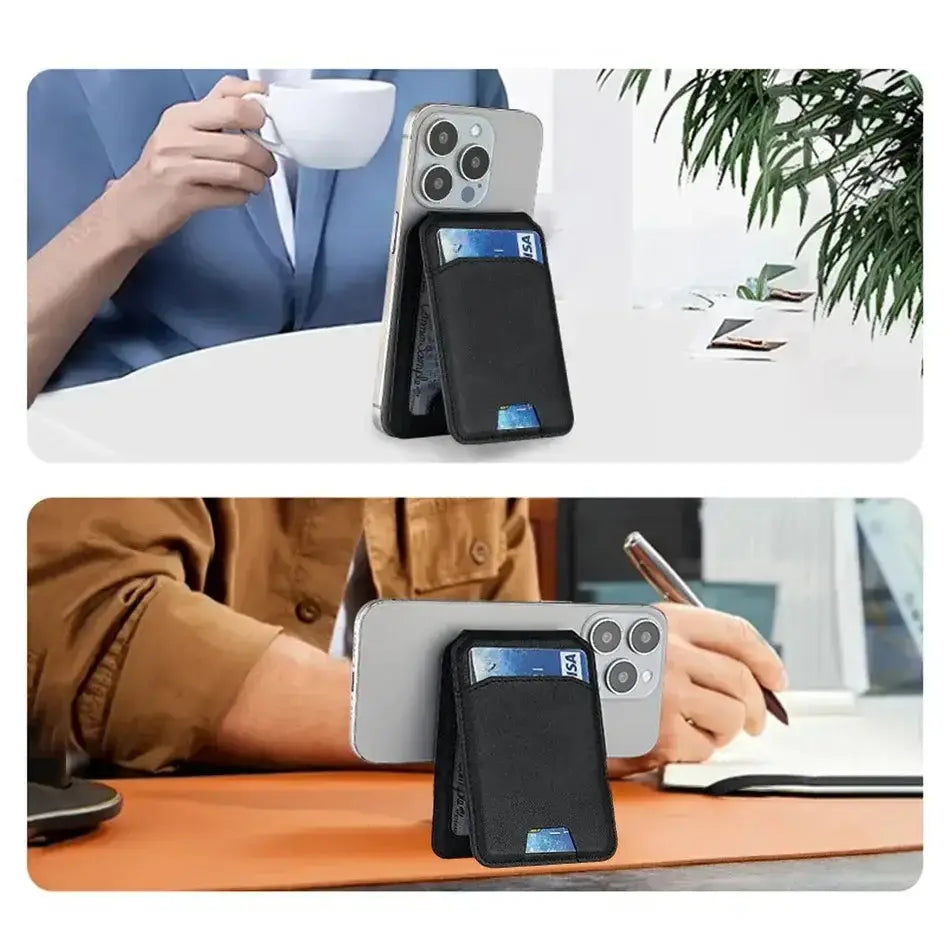 Sleek SlimMag Magnetic Card Wallet and Stand in use, holding phone and cards in stylish settings.