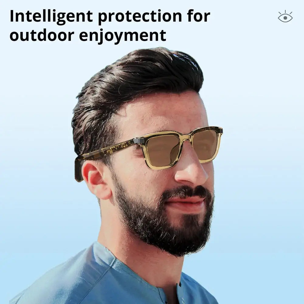 G06 Smart Bluetooth Audio Sunglasses on a man; stylish and functional outdoor eyewear with intelligent design.
