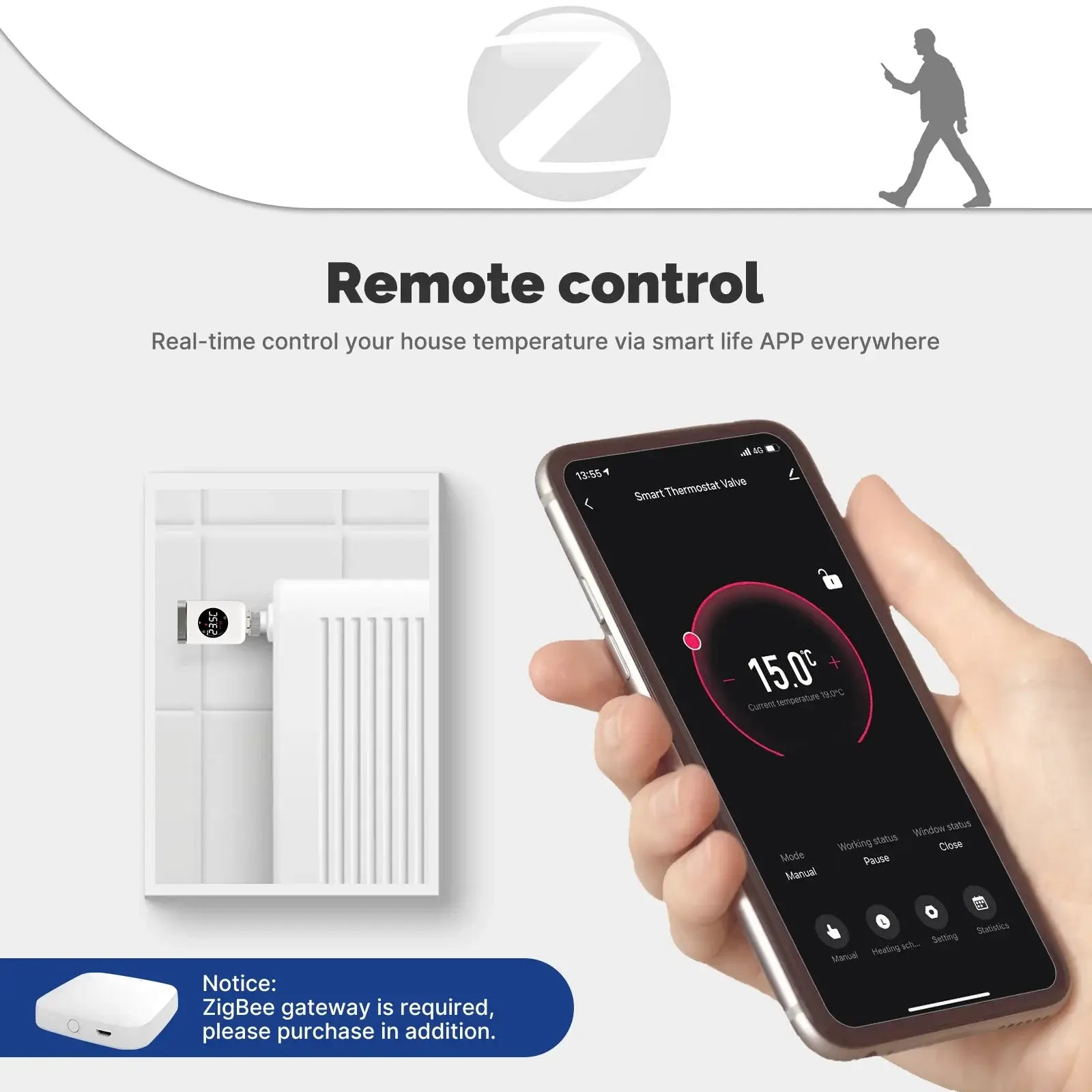 Remote control feature of HeatFlow Smart Radiator Valve displaying temperature settings on smartphone app.