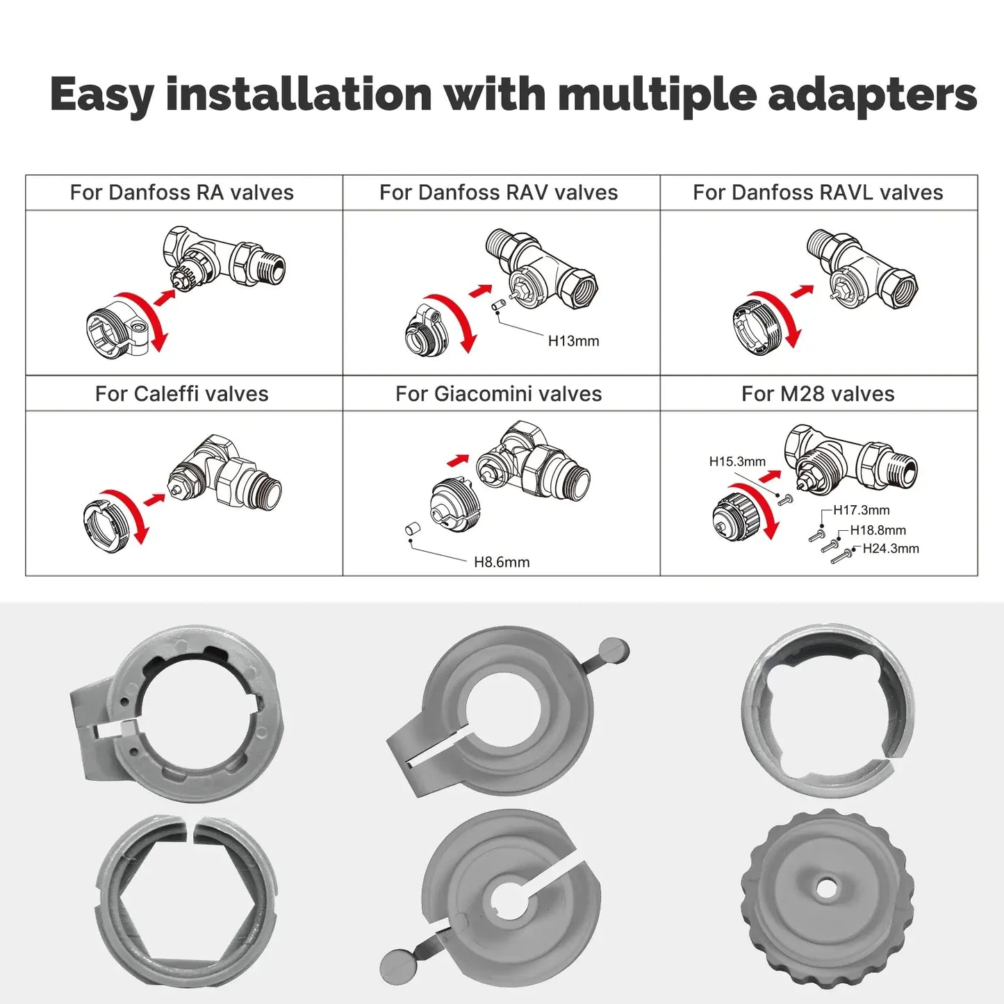Easy installation guide for HeatFlow Smart Radiator Valve with multiple adapters for various valve types.