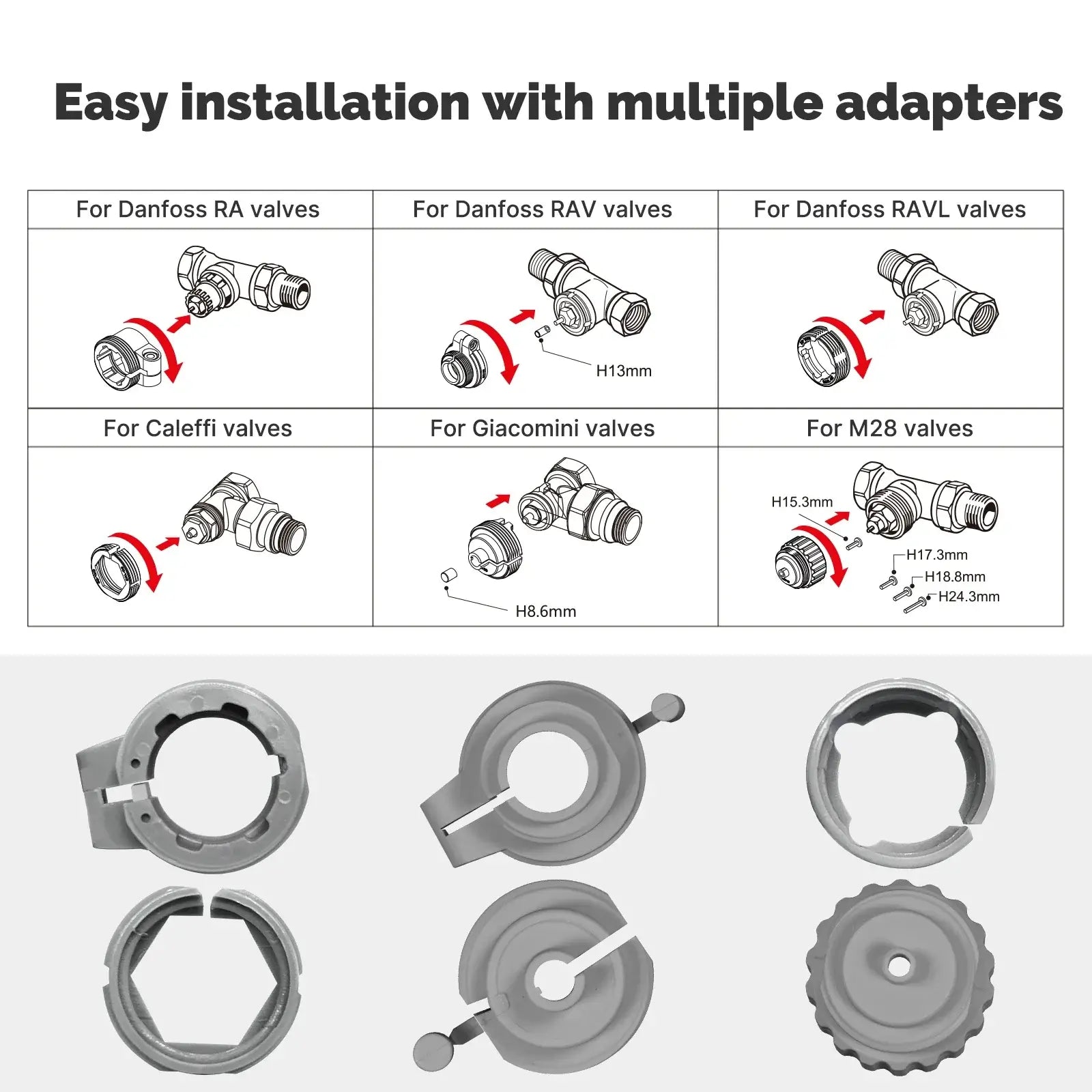 Easy installation guide for HeatFlow Smart Radiator Valve with multiple adapters for various valve types.