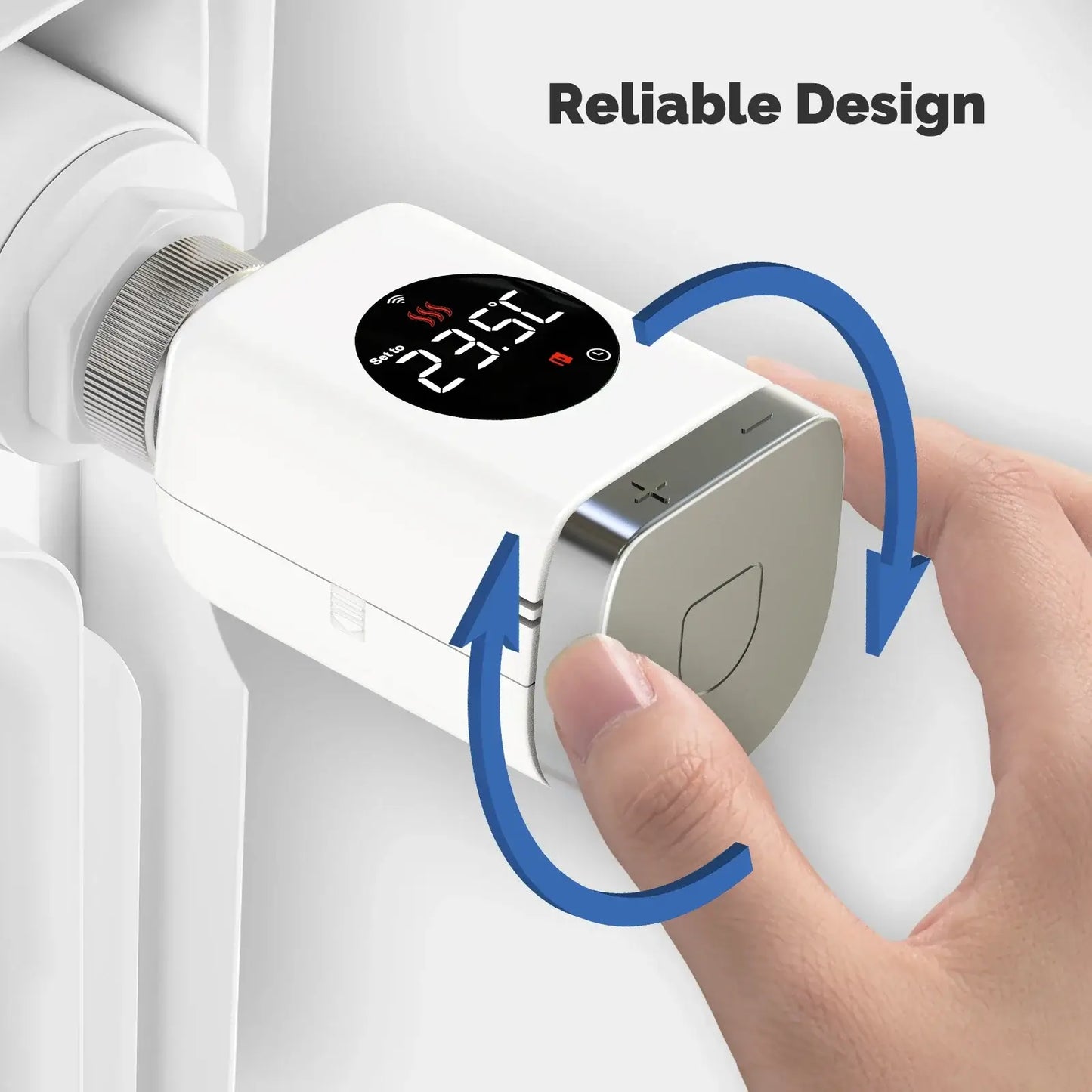 HeatFlow Smart Radiator Valve with user adjusting temperature display, showcasing reliable design and smart technology.