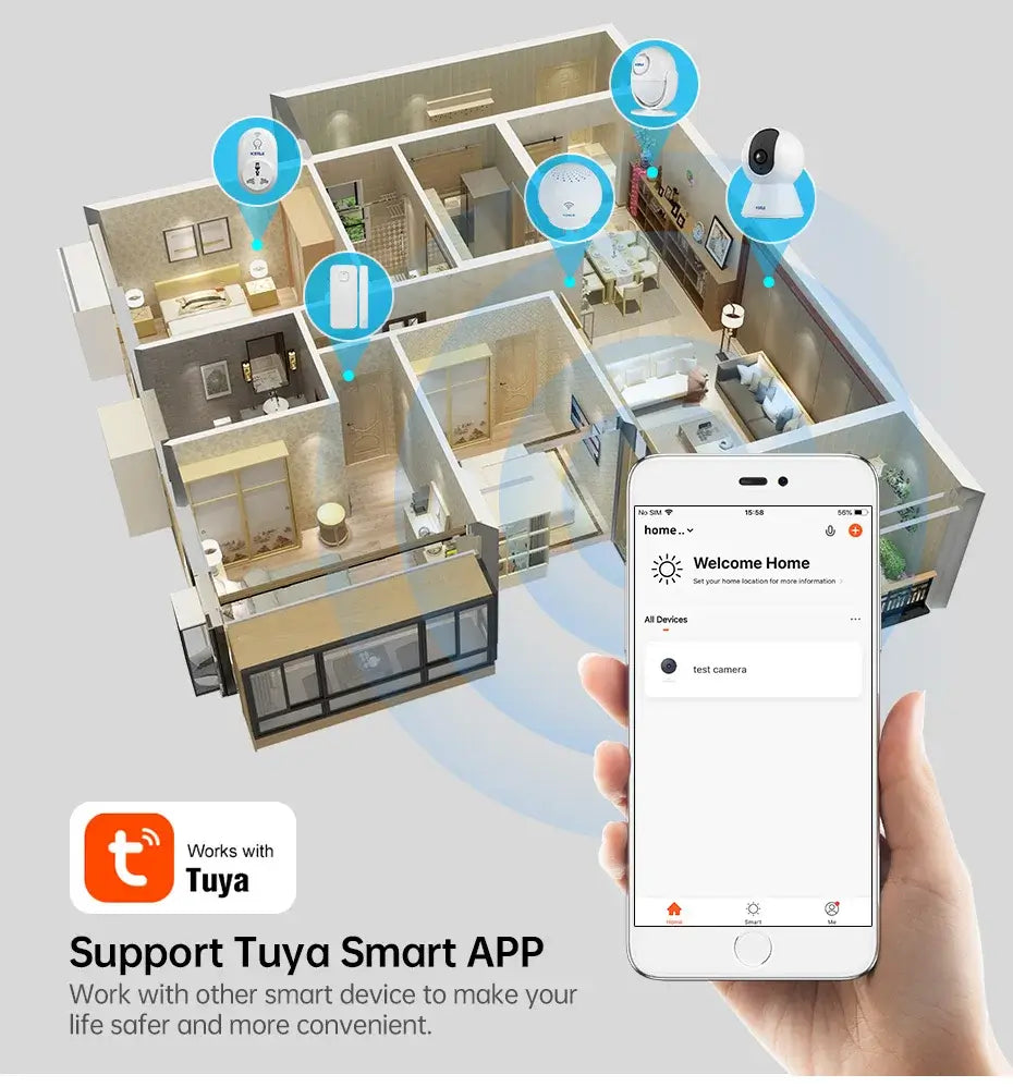 5MP Tuya Smart Mini WiFi IP Camera setup with app interface for indoor security monitoring.