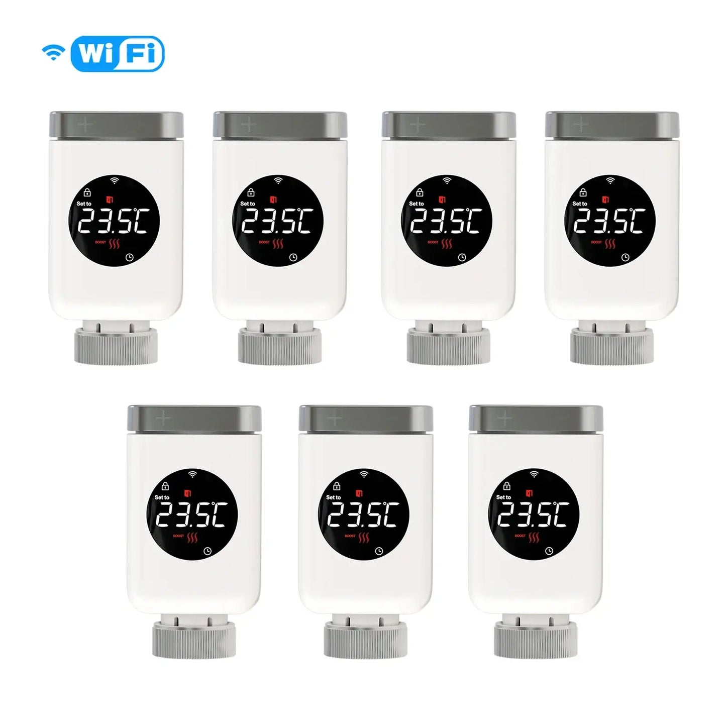 HeatFlow Smart Radiator Valves set showing programmable temperature controls for efficient heating.